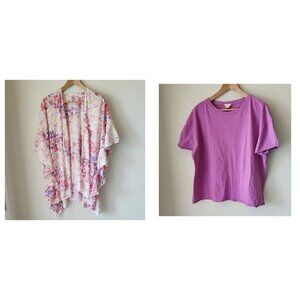 BUNDLE Floral Kimono Cover Up and Yelete Pink Raw Edge Cotton Top Sz L Feminine